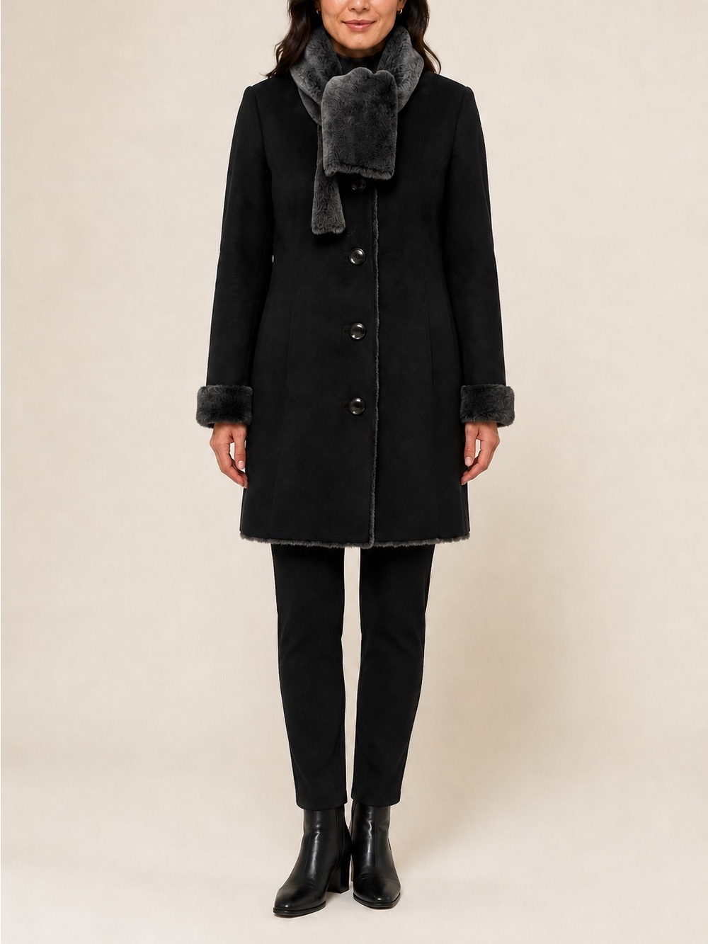 Ellen Tracy Petite M Black Faux Suede Coat Faux Fur Scarf Collar
